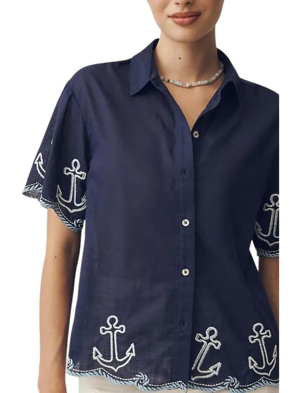 Anthropologie Maeve Henrietta Surf Shirt Navy Embroidered Nautical SIZE XL #1383